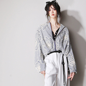 C65重工立体刺绣盘花设计感欧美风休闲条纹拉链圆领宽松夹克外套