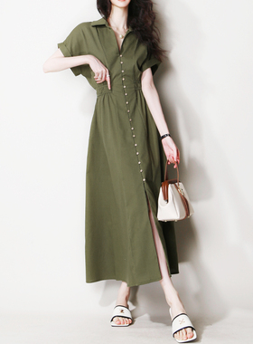 V61显白绿色大方透气麻V领松紧高腰松弛感短袖衬衫长款A字连衣裙