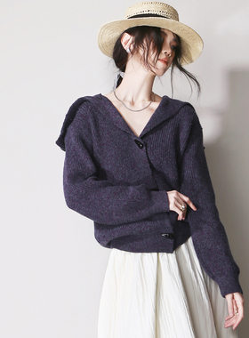 E38可变造型多种穿法大翻领牛角扣慵懒复古混色秋冬打底外穿毛衣