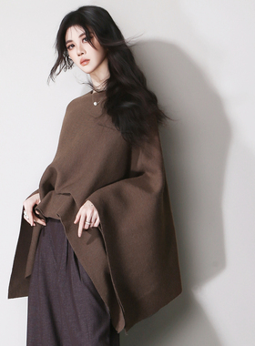 E21超显瘦垂感落肩大气复古欧美风叠穿不规则下摆中长款毛衣斗篷