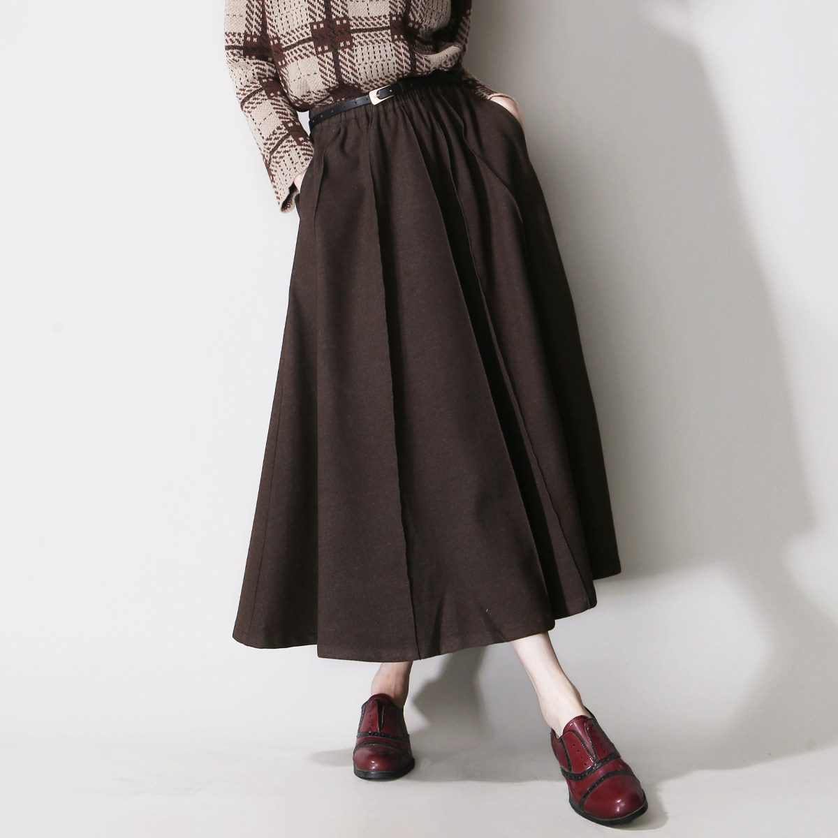 高腰口袋过膝A字宽松中长半身裙