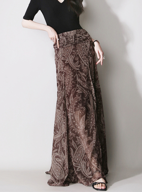 D21复古印花褶皱腰部显瘦遮肉设计飘逸A字欧美风大气度假半身长裙