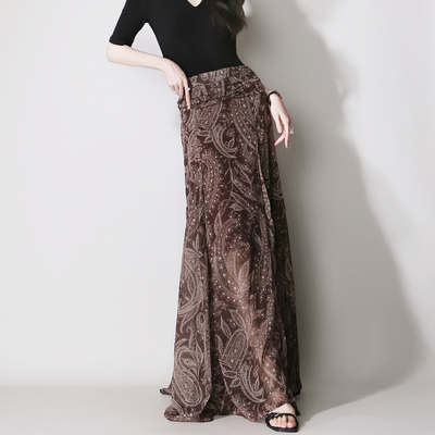 D21复古印花褶皱半身长裙