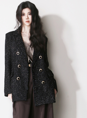 E87版型超好银丝线粗纺直筒显瘦双排扣老钱风复古欧美风西装外套