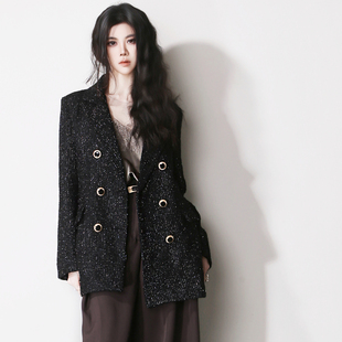 E87版型超好银丝线粗纺直筒显瘦双排扣老钱风复古欧美风西装外套