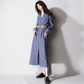 欧美风衬衫 B78透气配腰带休闲卷衣袖 口袋宽松百搭简约长款 连衣裙