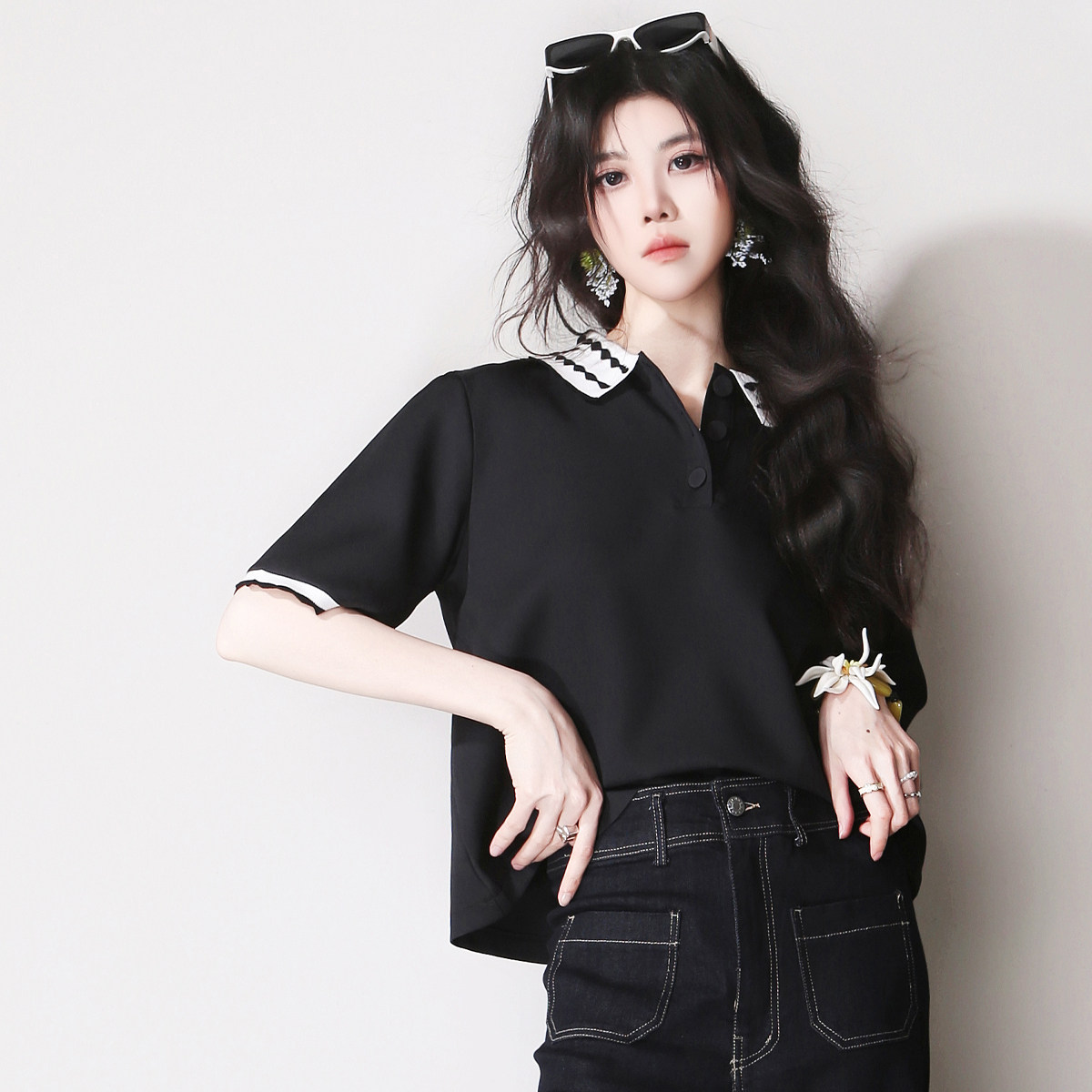 F64黑白撞色波浪纹复古减龄POLO翻领宽松短款欧美风百搭休闲衬衫T