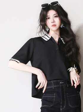 F64黑白撞色波浪纹复古减龄POLO翻领宽松短款欧美风百搭休闲衬衫T