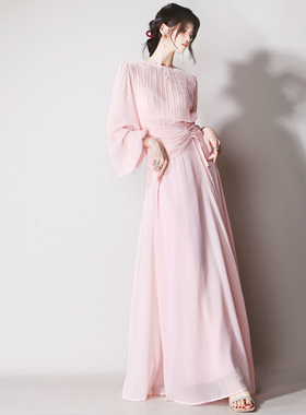 C43超显白温柔淡粉色不对称褶皱系带收腰灯笼袖优雅显瘦连衣长裙