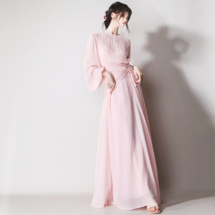 C43超显白温柔淡粉色不对称褶皱系带收腰灯笼袖 优雅显瘦连衣长裙