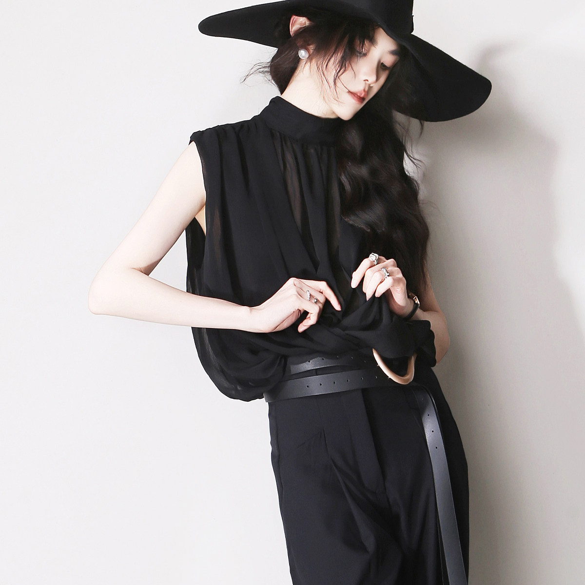 F72假两件半透视复古立领系带褶皱高腰宽松显瘦透气无袖雪纺上衣