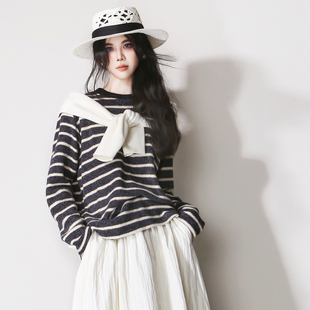 E35毛茸茸加厚秋冬款 打底T 超大弹力宽松慵懒百搭条纹圆领套头长袖