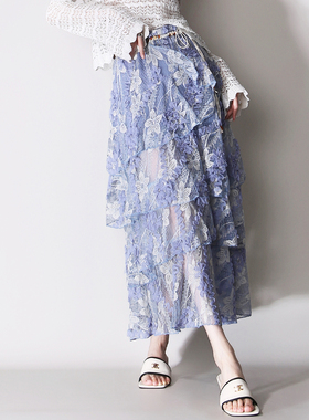 C98重工刺绣镂空网纱蕾丝层叠半透仙女风垂感雾蓝紫高腰半身长裙