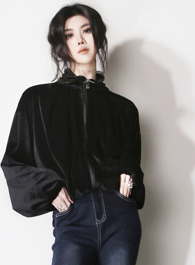 E92丝绒质感收缩下摆高腰立领拉链显瘦宽松欧美风休闲天鹅绒外套