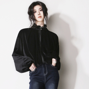 E92丝绒质感收缩下摆高腰立领拉链显瘦宽松欧美风休闲天鹅绒外套