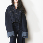 A52可配一套撞色卷边加长衣袖 工装 口袋欧美风宽松廓形牛仔短外套