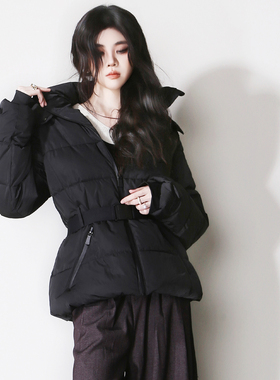 E42显瘦不臃肿腰带收腰连帽短款修身欧美风简约保暖棉衣棉服外套