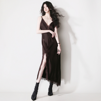 F2欧美风蕾丝镂空显瘦吊带长裙