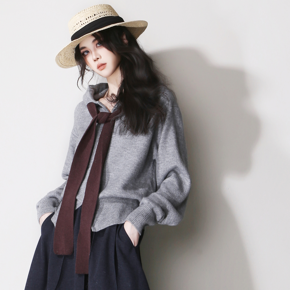 蝴蝶结系带高腰宽松显瘦连帽拉链