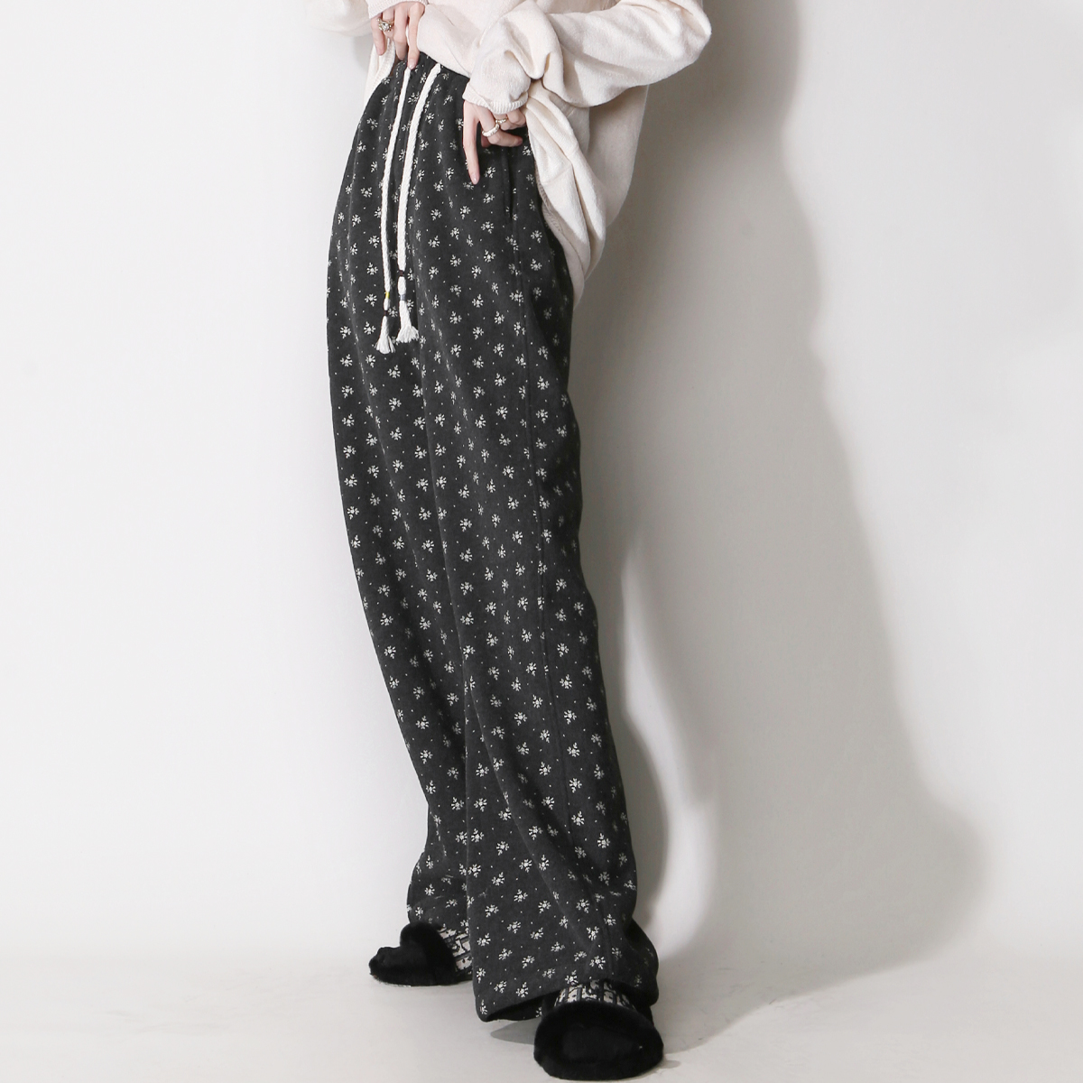 复古碎花温柔休闲宽松高腰阔腿裤