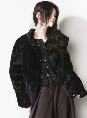 E85柔软蓬松毛绒绒立领纽扣开衫宽松落肩欧美风简约气质夹克外套