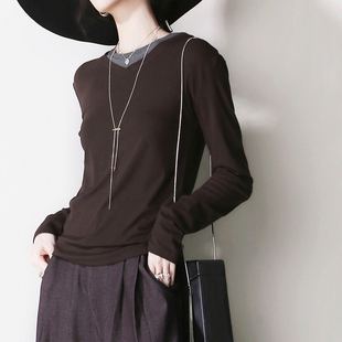 E67撞色假两件高弹力软糯针织欧美风简约百搭打底显瘦套头长袖 T恤