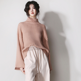 D13温柔复古豆沙杏粉色立领落肩坑条纹宽松衣袖 简约百搭针织毛衣