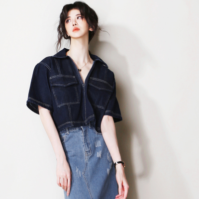 宽松欧美风套头短袖牛仔口袋衬衫