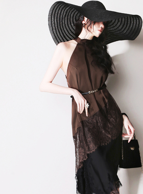 F47斜向蕾丝拼接开叉下摆中长款挂脖丝滑显瘦欧美风打底背心吊带