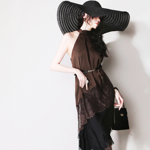 挂脖丝滑显瘦欧美风打底背心吊带 F47斜向蕾丝拼接开叉下摆中长款