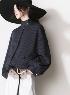 F13大气落肩欧美风竖条纹收口下摆拉链飞行员宽松夹棉夹克短外套