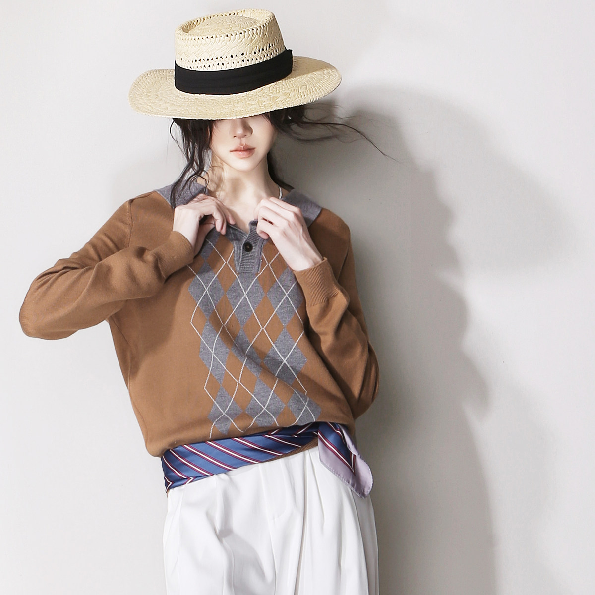 D77菱格撞色休闲美式复古polo翻领纽扣套头宽松显瘦百搭针织毛衣,女装/女士精品,毛衣,淘宝优惠券,粉丝福利购,淘宝优惠卷