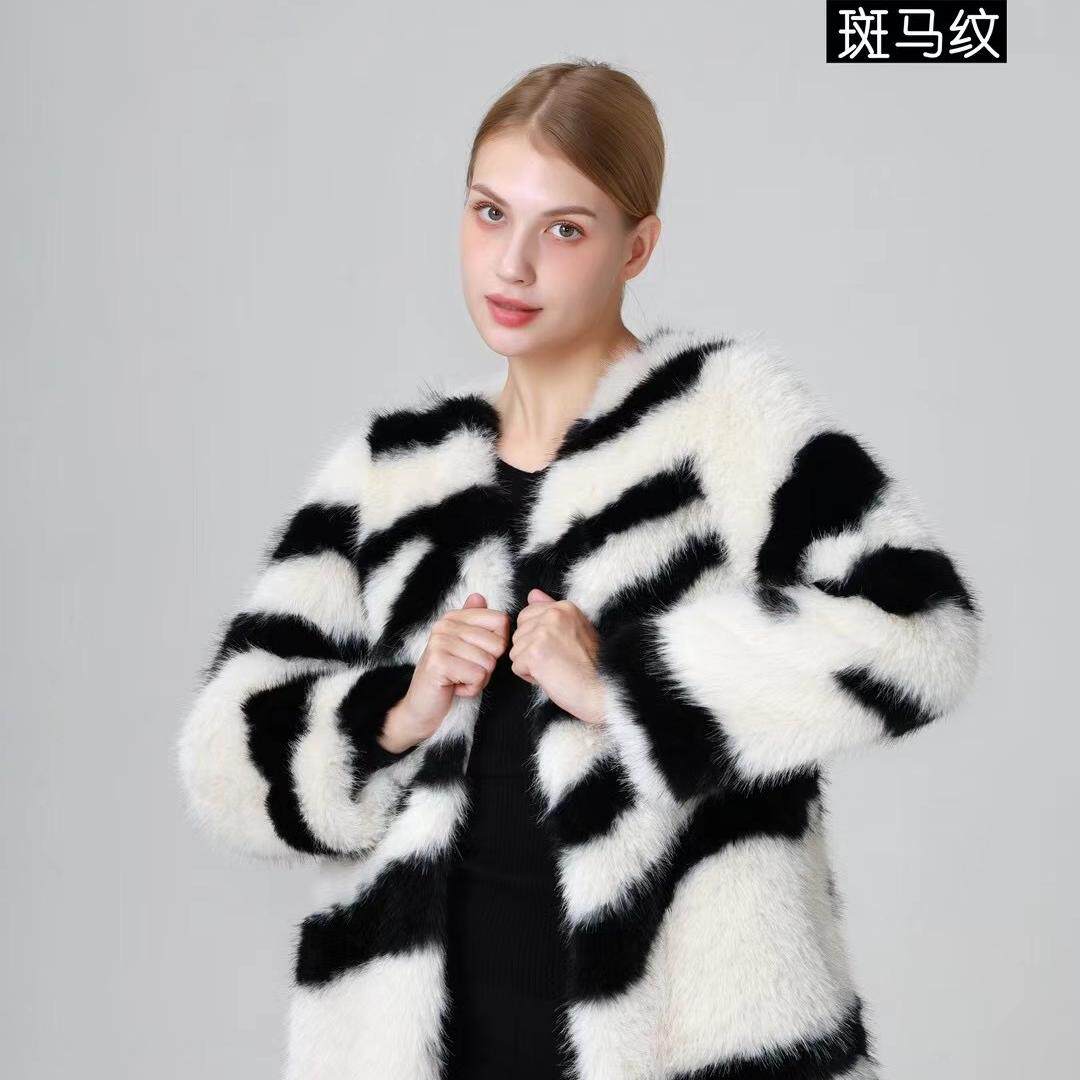 富家千金毛绒绒毛衣外套女冬季外穿时髦斑马纹环保皮草加厚大衣CO