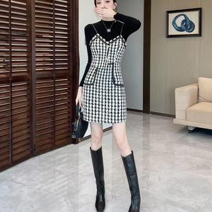 小香风千鸟格吊带连衣裙两件套女秋冬毛呢马甲裙+打底衫名媛套装