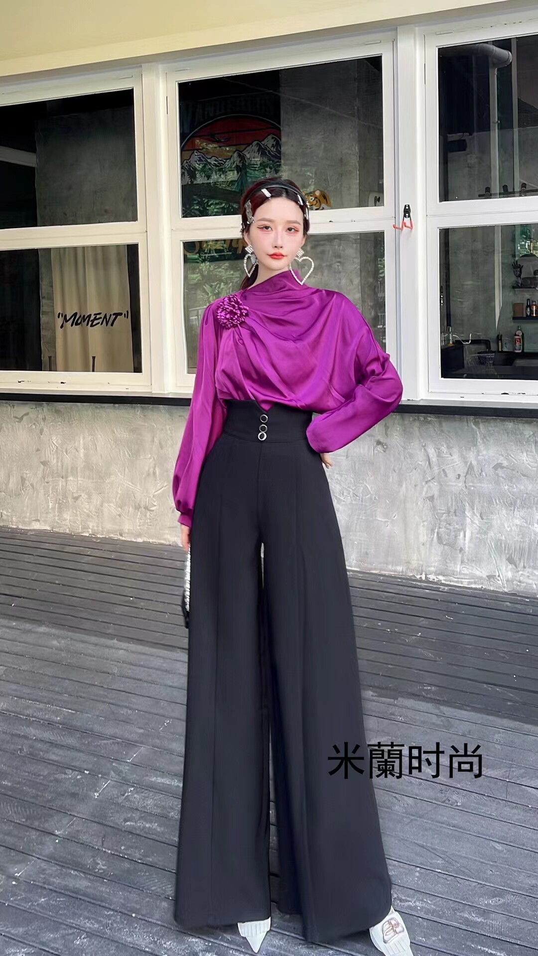 MiLan高级感缎面立体花朵衬衫高腰显瘦阔腿裤套装绢花灯笼袖衬衣