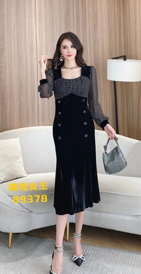 俊英雪纺拼接丝绒欧洲站鱼尾裙