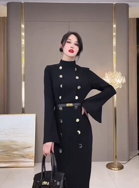 喇叭袖双排扣高级红色晚宴礼服裙