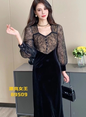 漂亮89509名媛法式灯笼袖亮片蕾丝拼接金丝绒连衣裙开叉小黑裙冬