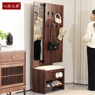 实木衣帽架门厅玄关穿衣镜实木换鞋 小户型现代简约带挂钩 凳一体式