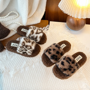 豹纹棉拖鞋2025新款秋冬季女孩室内居家防滑外穿女童保暖毛毛拖鞋