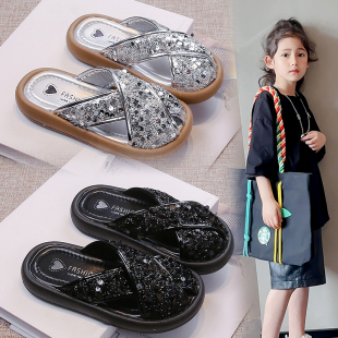 女童拖鞋外穿亮片公主鞋洋气凉拖鞋2024夏季新款女孩踩屎感一字拖