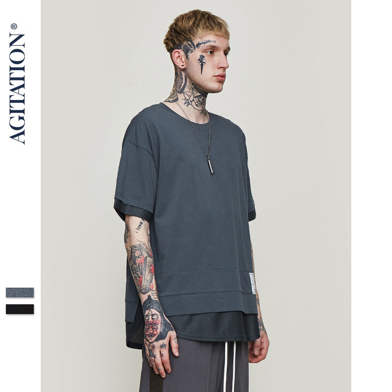 agitation2020春夏新款潮牌假两件拼接oversize男式短袖t恤学生上