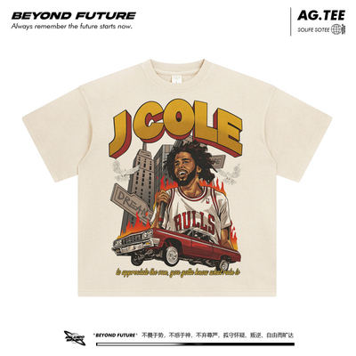 JCole嘻哈说唱hiphop宽松水洗做旧复古潮男女中性高街美式短袖T恤