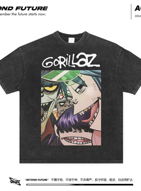 gorillaz摇滚宽松中性男女美式高街oversize短袖T恤上衣水洗做旧