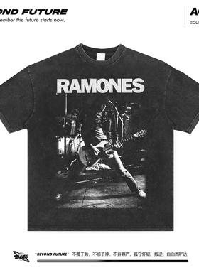 Ramones雷蒙斯重磅美式水洗做旧复古中性短袖男女宽松T恤oversize