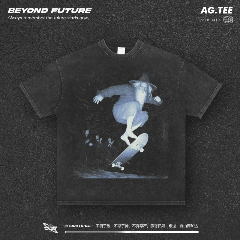 滑板水洗做旧复古宽松oversize美式中性男女落肩短袖T恤新款纯棉