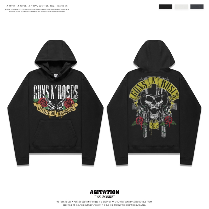 秋冬摇滚玫瑰枪花乐队套头帽衫