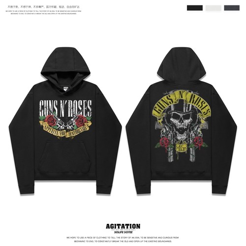 秋冬摇滚玫瑰枪花乐队套头帽衫