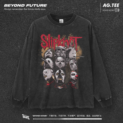 Slipknot重金属活结摇滚水洗做旧oversize高街中性长袖复古上衣