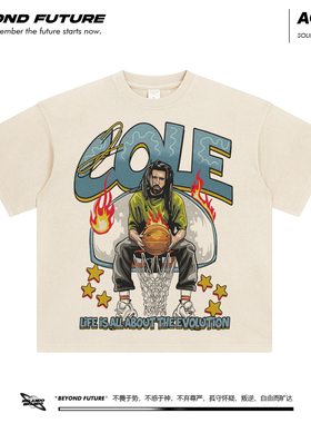 Jcole嘻哈说唱宽松重磅水洗做旧落肩短袖T恤中性男女上衣oversize